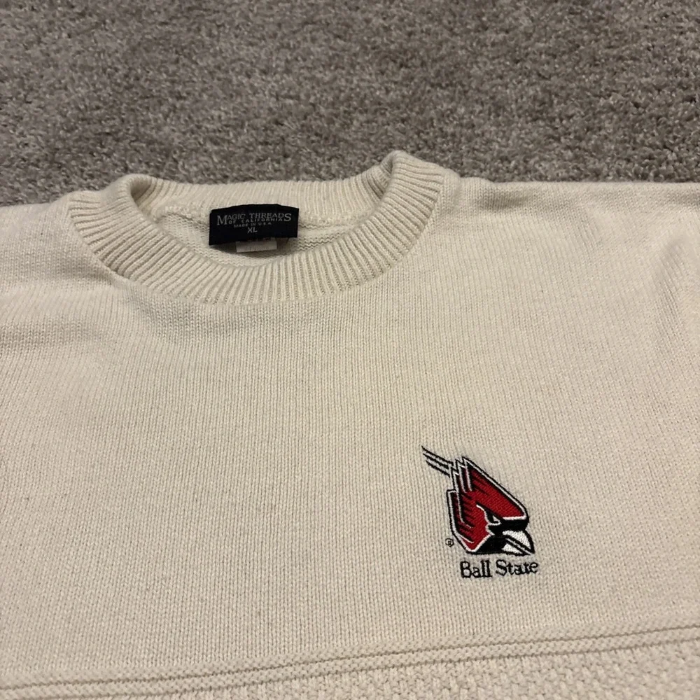 Vintage Ball State Collard Knit Cream Sweater Mens Size XL Super Rare